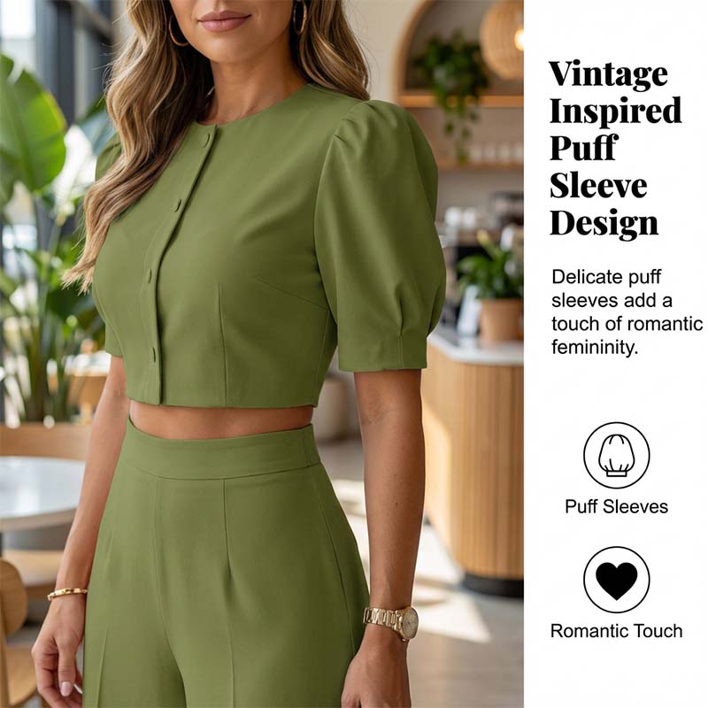 Elegant Puff Sleeve Crop Top & Wide-Leg Pants Set