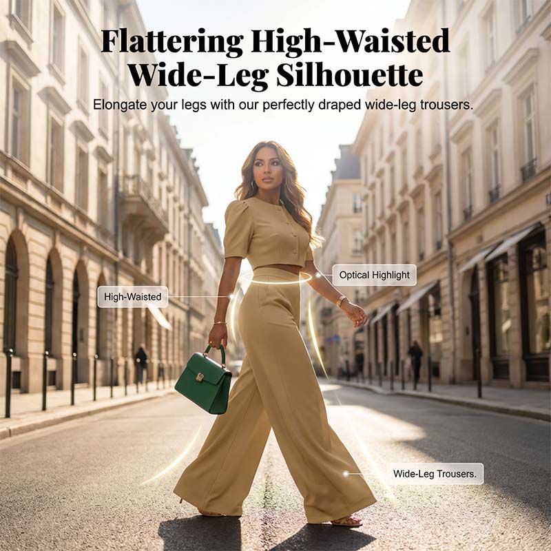 Elegant Puff Sleeve Crop Top & Wide-Leg Pants Set