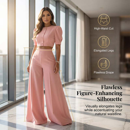 Elegant Puff Sleeve Crop Top & Wide-Leg Pants Set