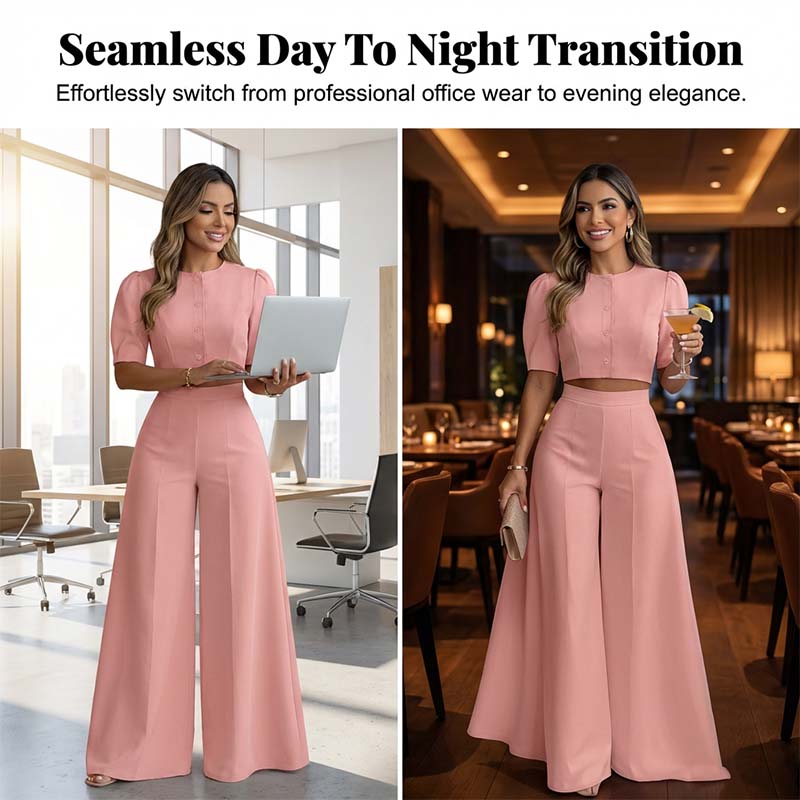 Elegant Puff Sleeve Crop Top & Wide-Leg Pants Set