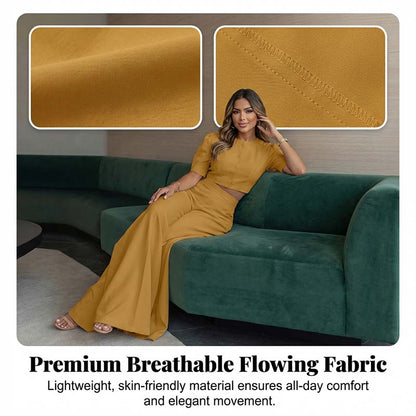 Elegant Puff Sleeve Crop Top & Wide-Leg Pants Set