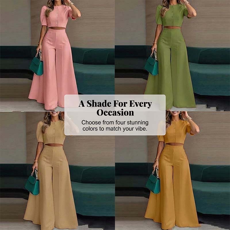Elegant Puff Sleeve Crop Top & Wide-Leg Pants Set