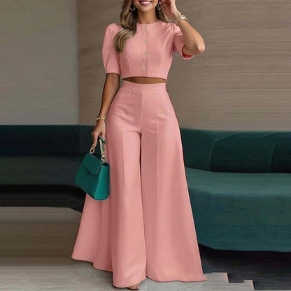 Elegant Puff Sleeve Crop Top & Wide-Leg Pants Set