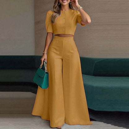 Elegant Puff Sleeve Crop Top & Wide-Leg Pants Set