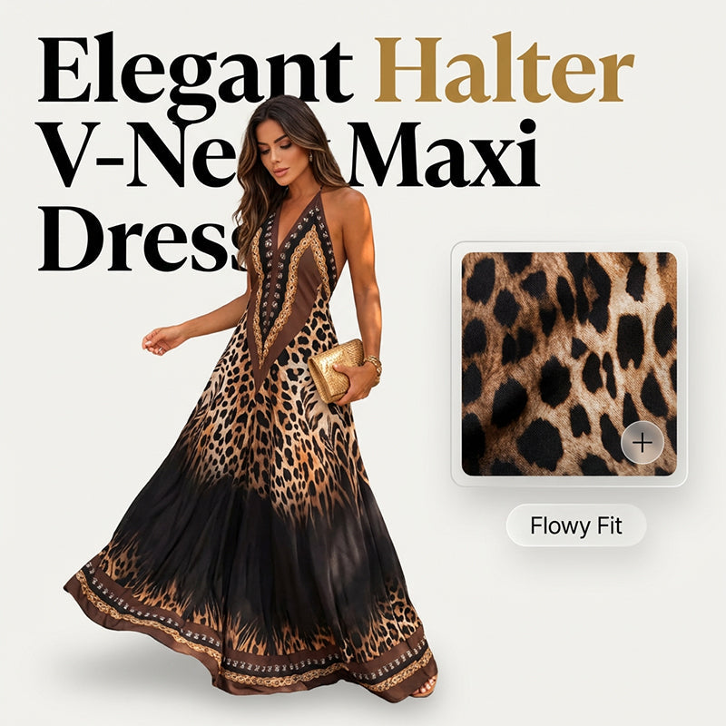 Animal Print Halter V-Neck Maxi Dress