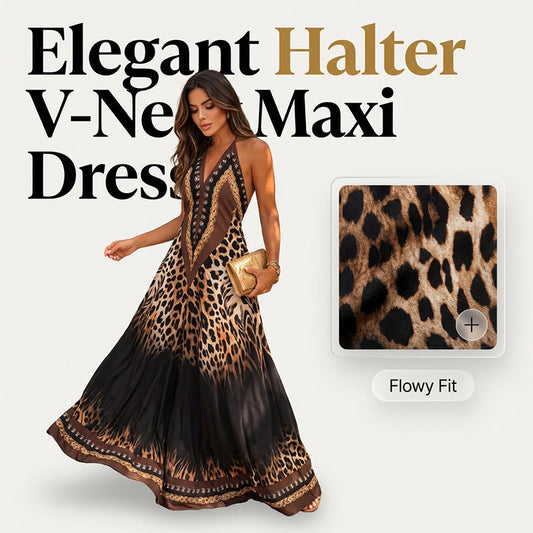 Animal Print Halter V-Neck Maxi Dress