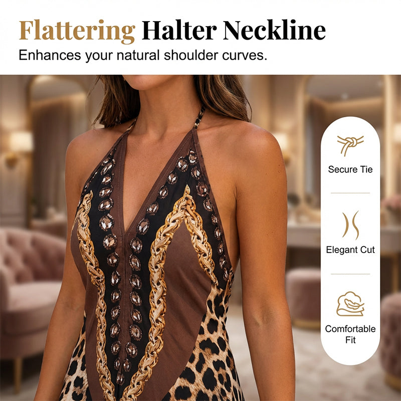 Animal Print Halter V-Neck Maxi Dress