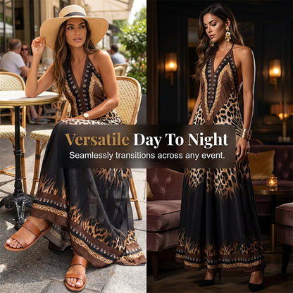Animal Print Halter V-Neck Maxi Dress