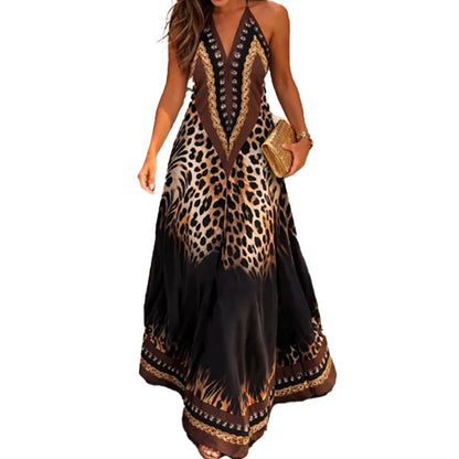 Animal Print Halter V-Neck Maxi Dress