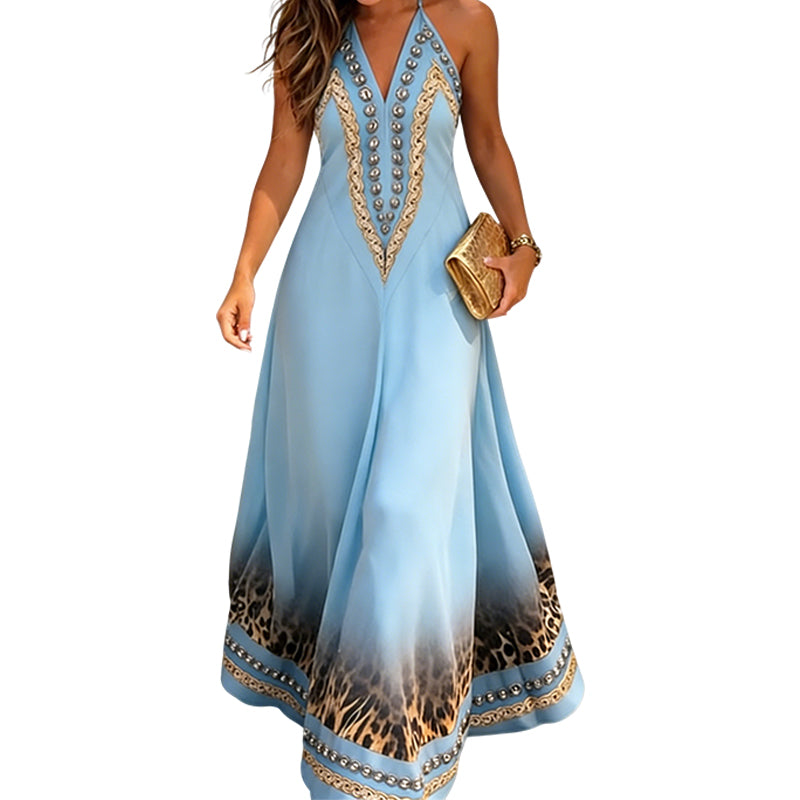 Animal Print Halter V-Neck Maxi Dress