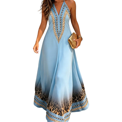 Animal Print Halter V-Neck Maxi Dress