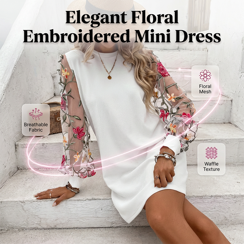 Women's Floral Embroidered Mesh Sleeve Dress