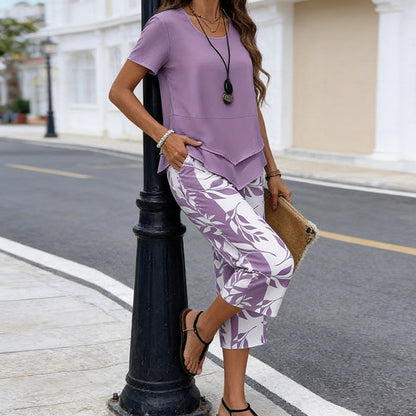 💥Last Day Special Price👗Women's 2-Piece Set – Layered Asymmetrical Tunic Top & Printed Wide Leg Pants, Breathable Polyester✨