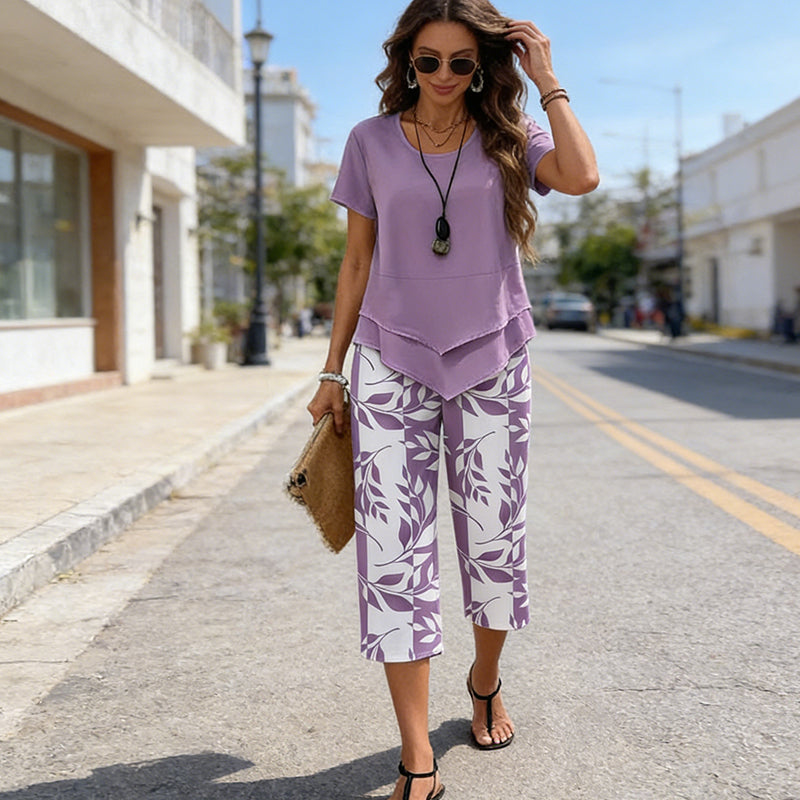 💥Last Day Special Price👗Women's 2-Piece Set – Layered Asymmetrical Tunic Top & Printed Wide Leg Pants, Breathable Polyester✨