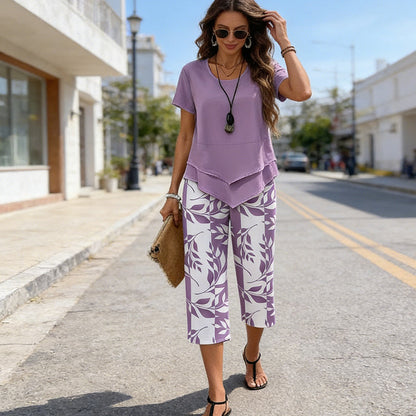 💥Last Day Special Price👗Women's 2-Piece Set – Layered Asymmetrical Tunic Top & Printed Wide Leg Pants, Breathable Polyester✨