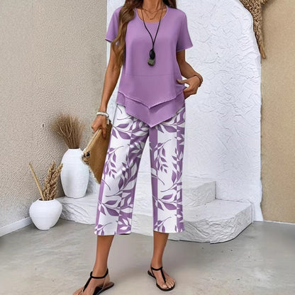 💥Last Day Special Price👗Women's 2-Piece Set – Layered Asymmetrical Tunic Top & Printed Wide Leg Pants, Breathable Polyester✨