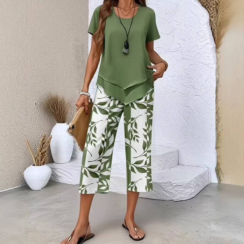 💥Last Day Special Price👗Women's 2-Piece Set – Layered Asymmetrical Tunic Top & Printed Wide Leg Pants, Breathable Polyester✨