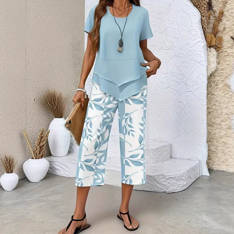 💥Last Day Special Price👗Women's 2-Piece Set – Layered Asymmetrical Tunic Top & Printed Wide Leg Pants, Breathable Polyester✨