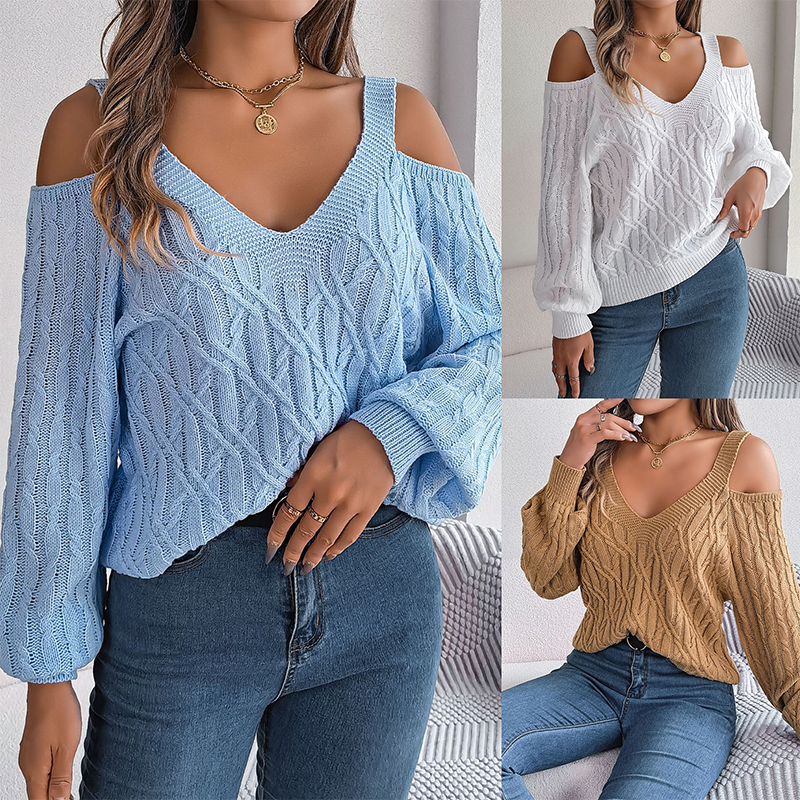 Women's Cold Shoulder V-Neck Cable Knit Sweater