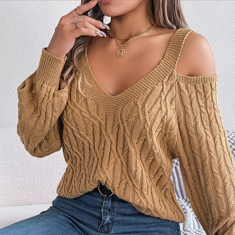 Women's Cold Shoulder V-Neck Cable Knit Sweater