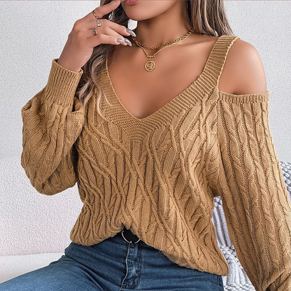 Women's Cold Shoulder V-Neck Cable Knit Sweater