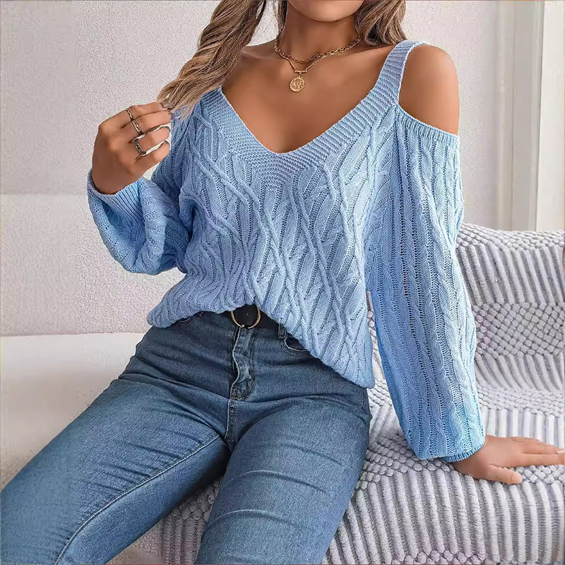Women's Cold Shoulder V-Neck Cable Knit Sweater