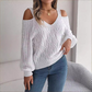 Women's Cold Shoulder V-Neck Cable Knit Sweater