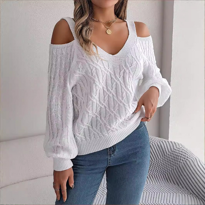 Women's Cold Shoulder V-Neck Cable Knit Sweater