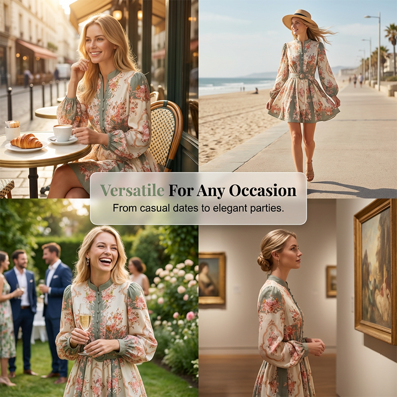 Romantic Floral Print High Neck Mini Dress