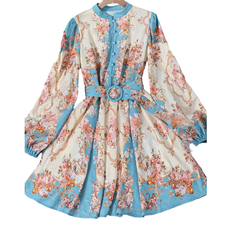 Romantic Floral Print High Neck Mini Dress