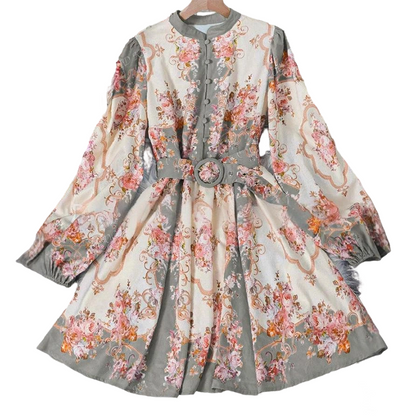 Romantic Floral Print High Neck Mini Dress