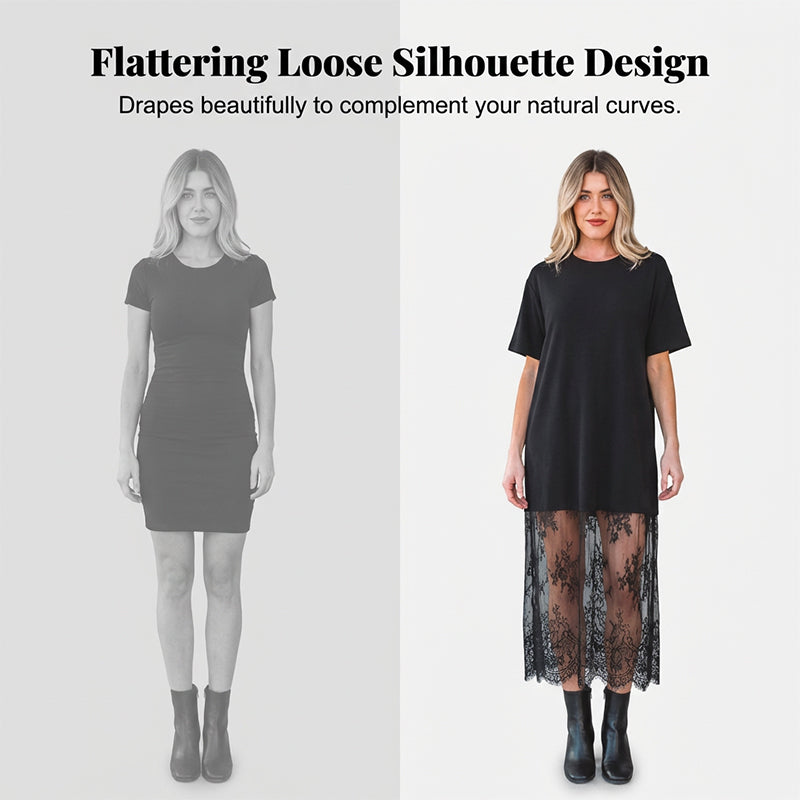 Modern Layered-Look Tee Dress with Lace Hem