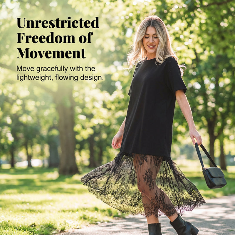 Modern Layered-Look Tee Dress with Lace Hem