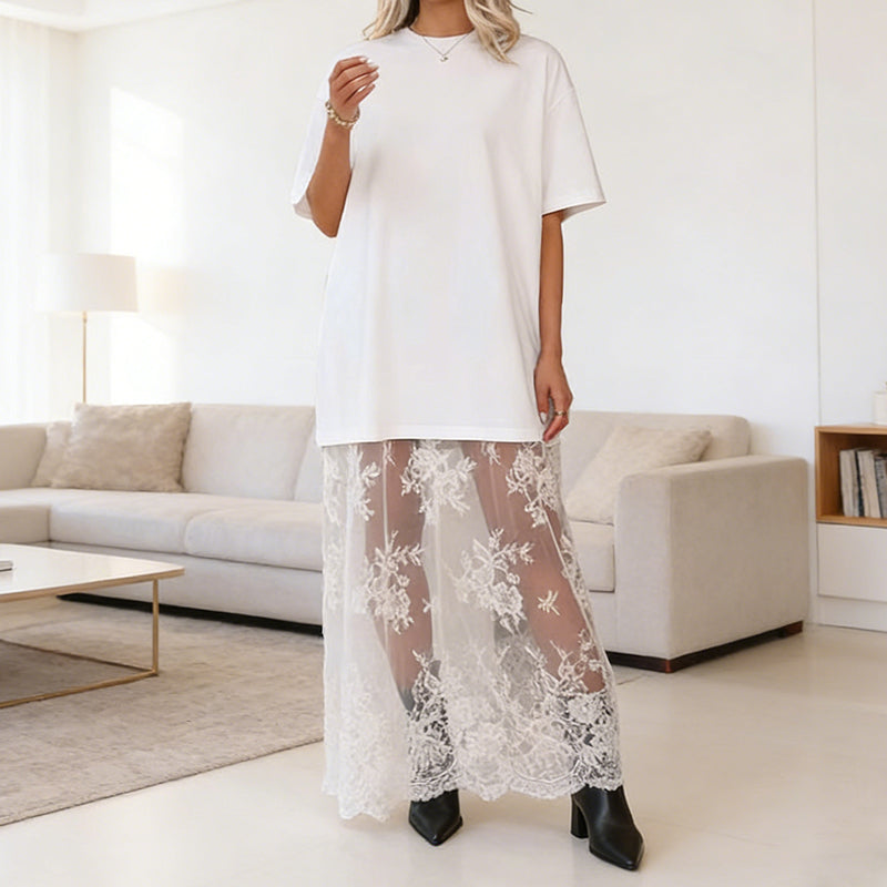 Modern Layered-Look Tee Dress with Lace Hem