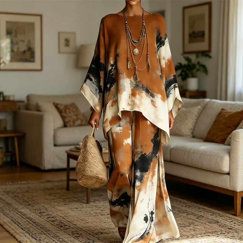 💞Abstract Print Flowy Wide Leg Pants and Top Set