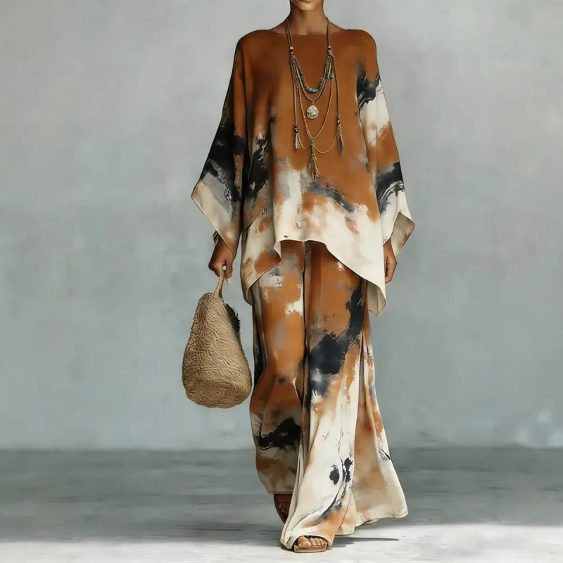 💞Abstract Print Flowy Wide Leg Pants and Top Set