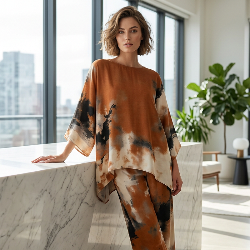 💞Abstract Print Flowy Wide Leg Pants and Top Set