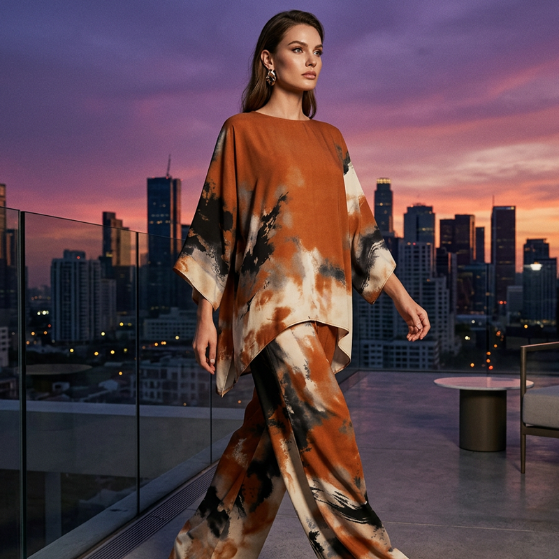 💞Abstract Print Flowy Wide Leg Pants and Top Set