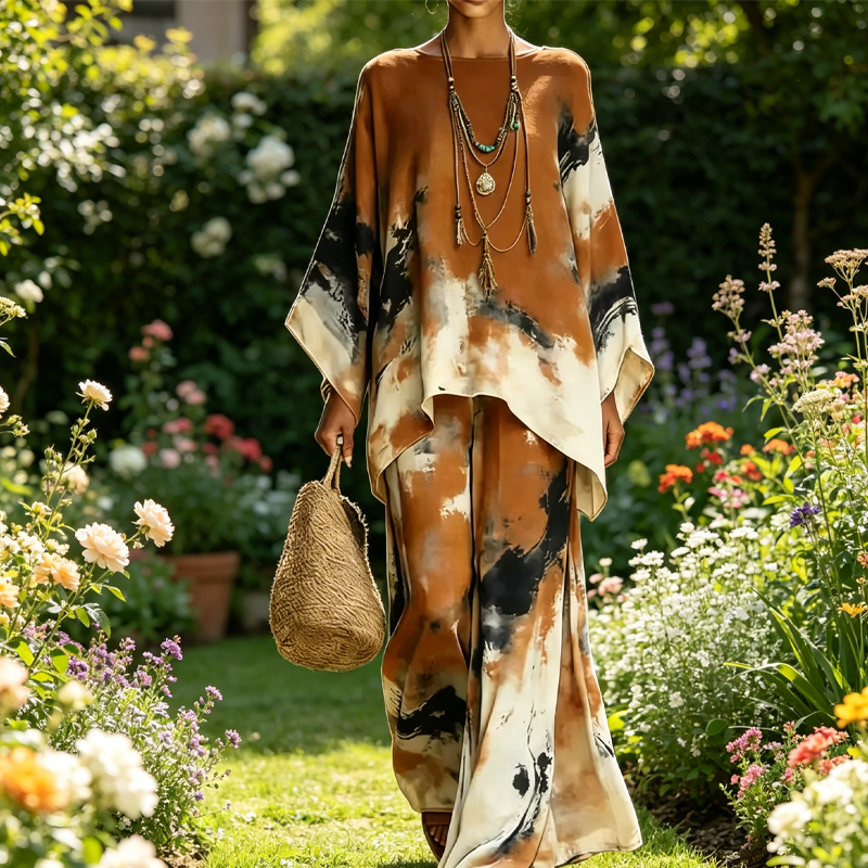 💞Abstract Print Flowy Wide Leg Pants and Top Set