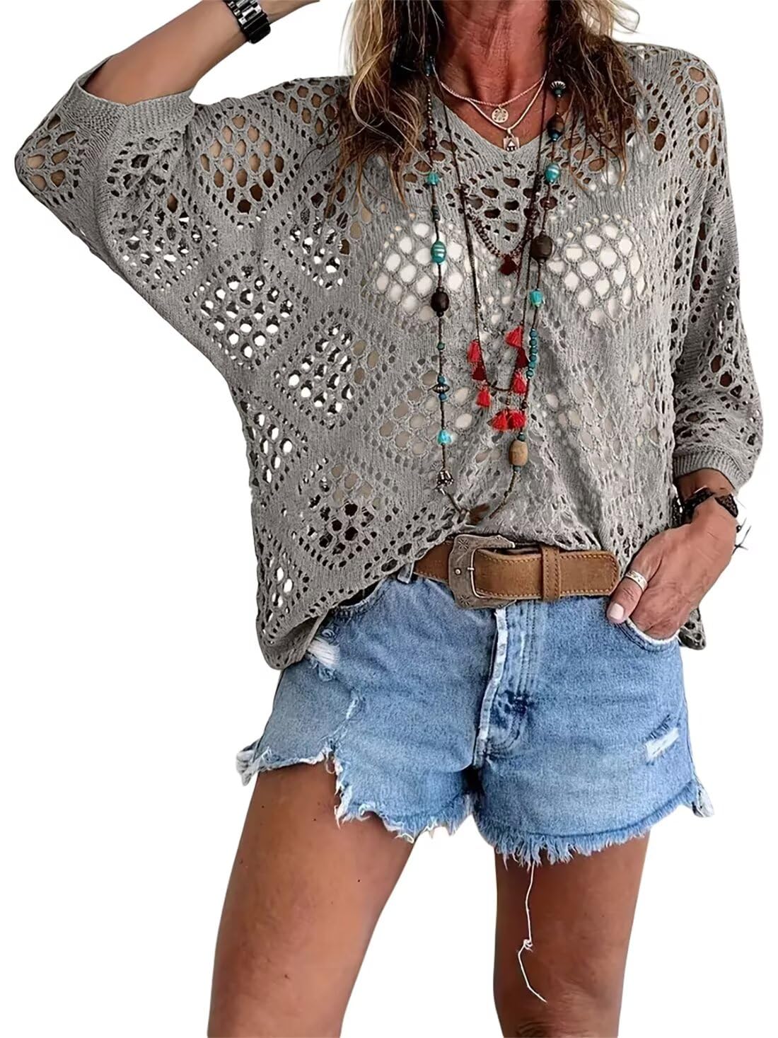 💥Hot Sales-50% OFF🔥Womens Bohemian-Inspired Beige Crochet Top with V-Neck