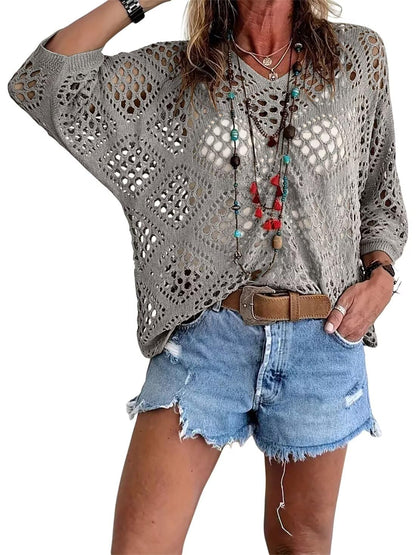 💥Hot Sales-50% OFF🔥Womens Bohemian-Inspired Beige Crochet Top with V-Neck
