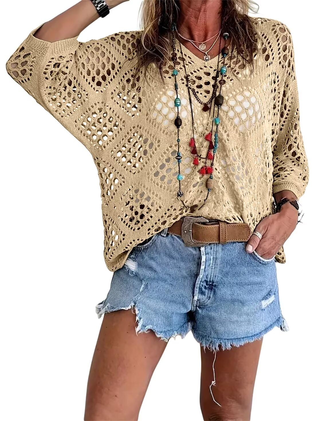 💥Hot Sales-50% OFF🔥Womens Bohemian-Inspired Beige Crochet Top with V-Neck