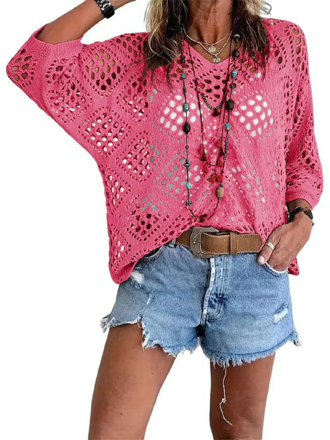 💥Hot Sales-50% OFF🔥Womens Bohemian-Inspired Beige Crochet Top with V-Neck