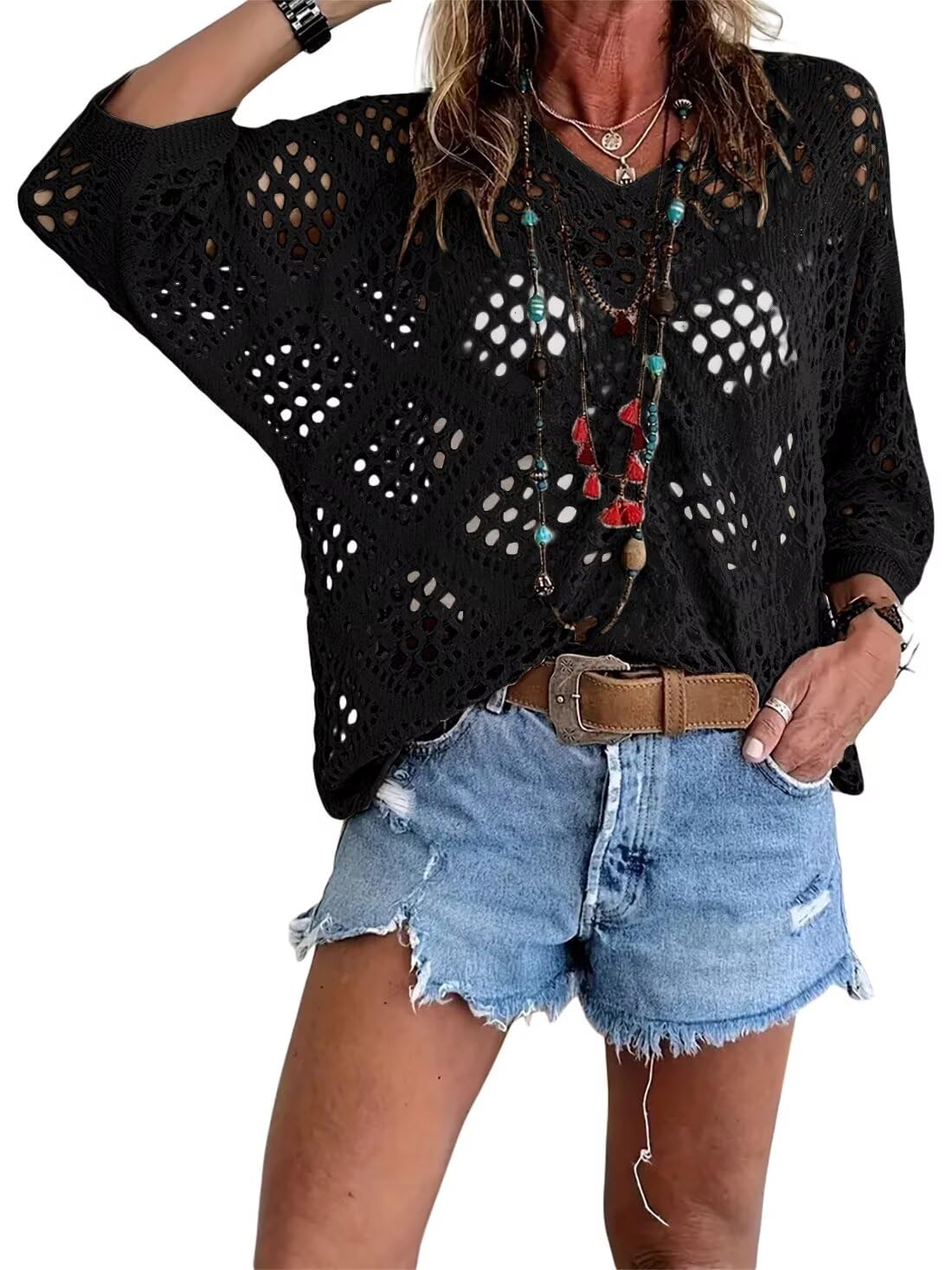 💥Hot Sales-50% OFF🔥Womens Bohemian-Inspired Beige Crochet Top with V-Neck
