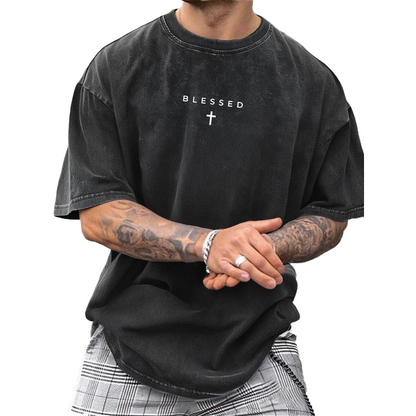 Men's Cross & Letter Print Vintage T-Shirt