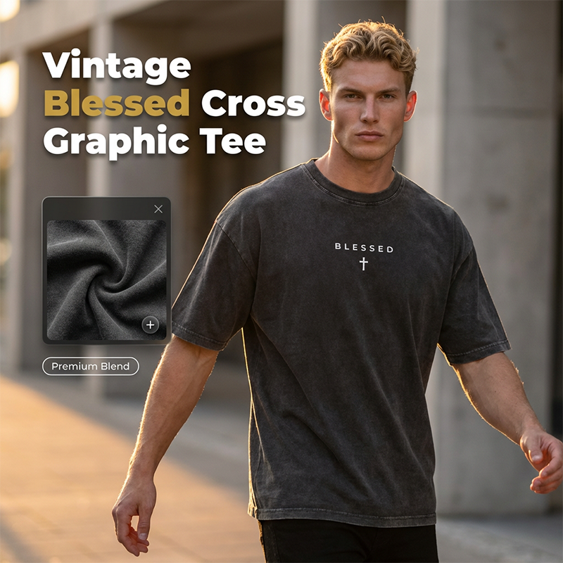 Men's Cross & Letter Print Vintage T-Shirt
