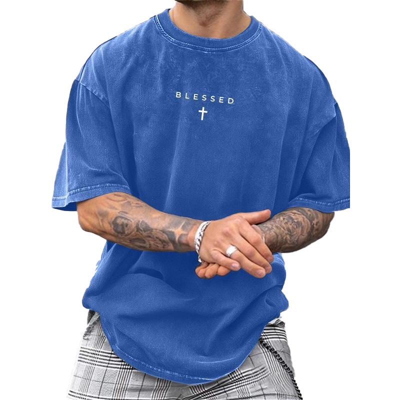 Men's Cross & Letter Print Vintage T-Shirt
