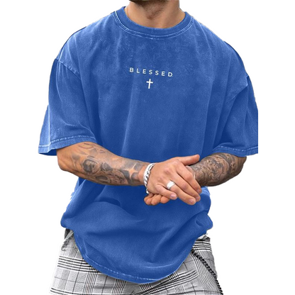 Men's Cross & Letter Print Vintage T-Shirt