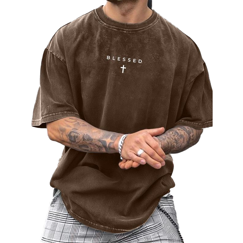 Men's Cross & Letter Print Vintage T-Shirt
