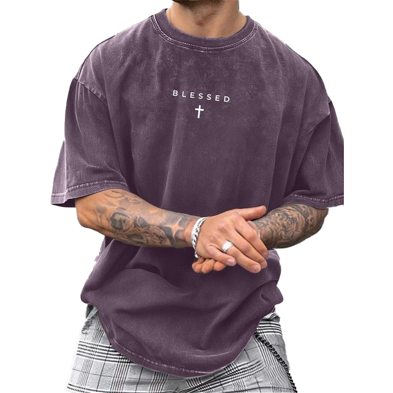 Men's Cross & Letter Print Vintage T-Shirt